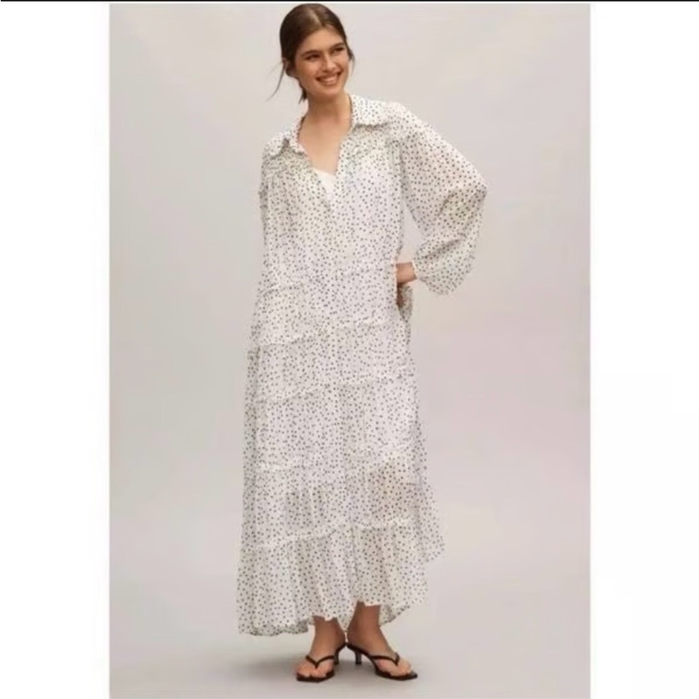 Anthropologie White and Black Polka Dot Long Sleeve Dress - Picture 2 of 3